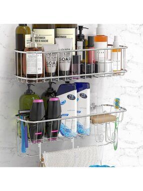 Chrome Wall Mount Shower Caddy Set with Hooks - 2 Pack, Space-Saving Organizer